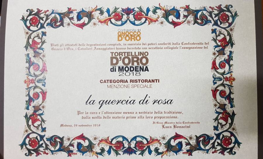 Il ristorante la Quercia di rosa premiato al Concorso del Tortellino d'Oro di Modena 2018